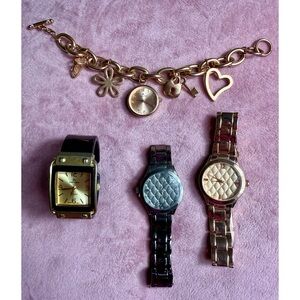 Lot of 4 Watches Charm Bracelet Mixed Metals Rose Gold Black Vintage